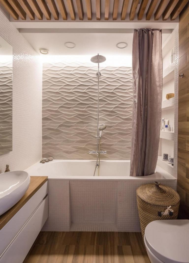 vägg-design-badrum-3d-vägg-kakel-beige-våg-mönster-indirekt-belysning