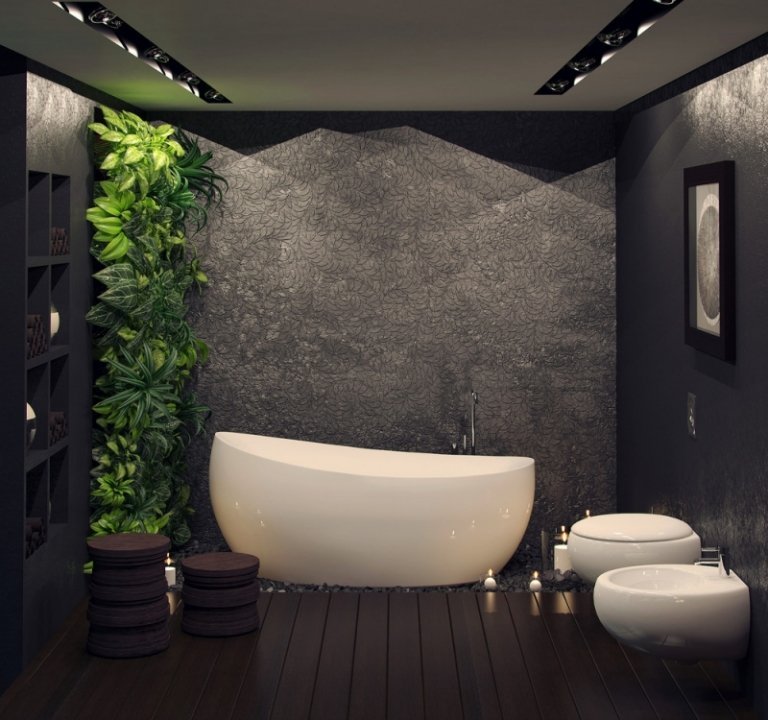 Väggdesign i badrummet modern-svart-väggpaneler-blommig-motiv-vertikal-trädgård
