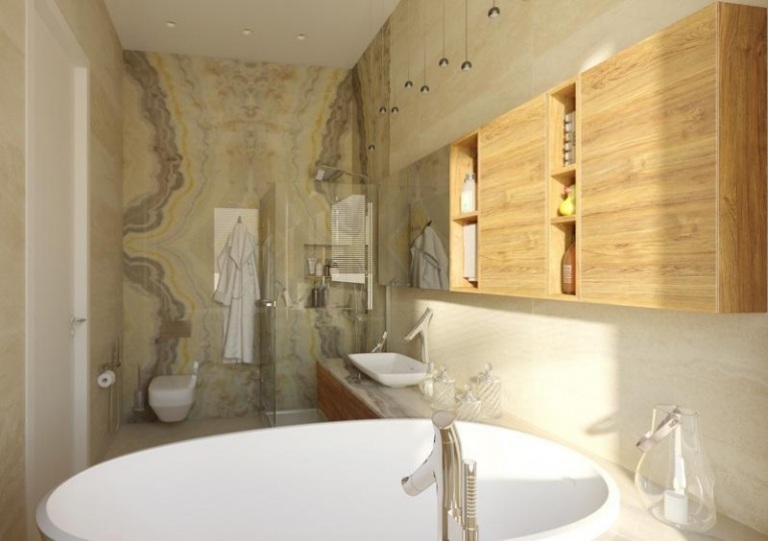 väggdesign-badrum-beige-kakel-väggpaneler-marmor-effekter-duschglas
