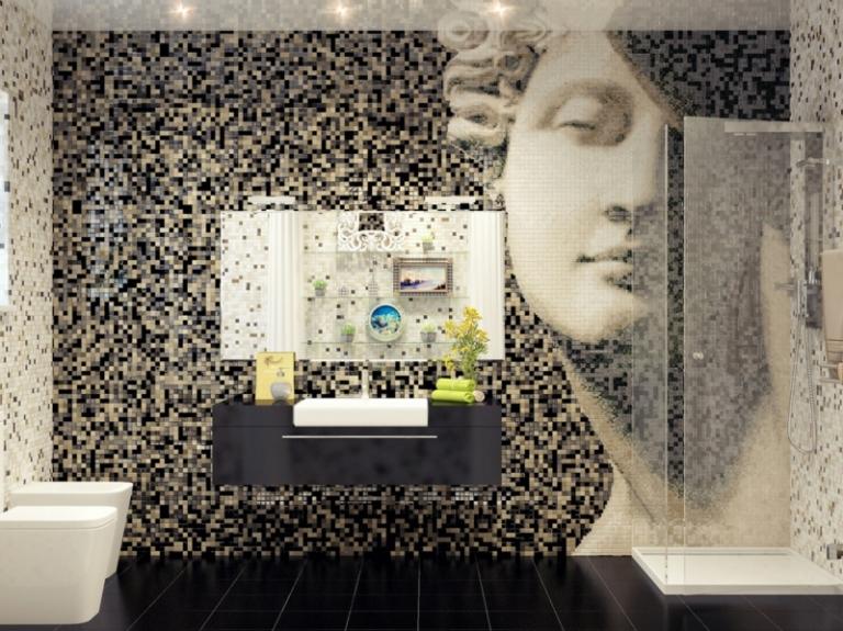 väggdesign i badrummet mosaik design modern svart kakel dusch