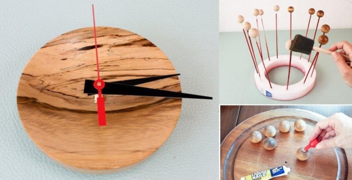 Träbollar-modern-vägg-klocka-målad-DIY-presentidé
