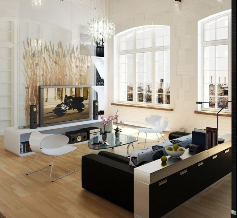 moderna vardagsidéer vardagsrum-svart-levande-landskap-stor-soffa-soffbord-glas