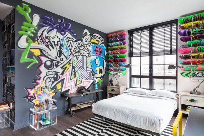 teenage bedroom graffiti skateboards wall decor