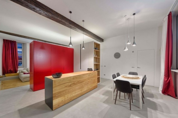 modern lägenhet kök-ljus röd-trä-köksbänk