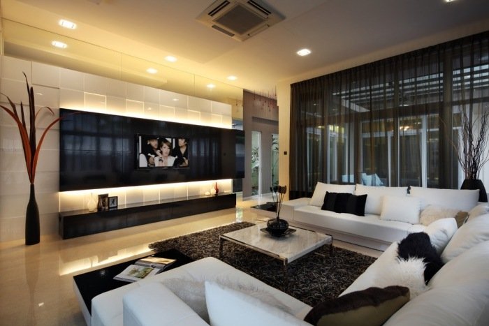 Förvaring vägg-effektiv-belysning-svart-vit-vardagsrum-design