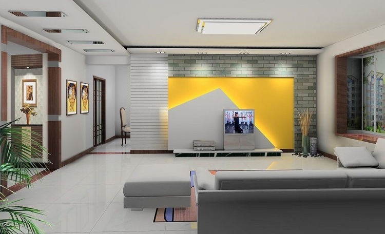 modern-levande-vägg-led-design-gul-vägg-platt-golv-vit-blank-soffa