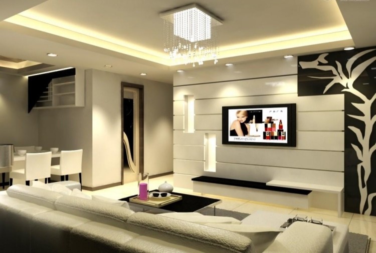modernt-levande vägg-led-tak-ljus-soffa-imiterat läder-vitt-svart-mönster-tv-vardagsrum