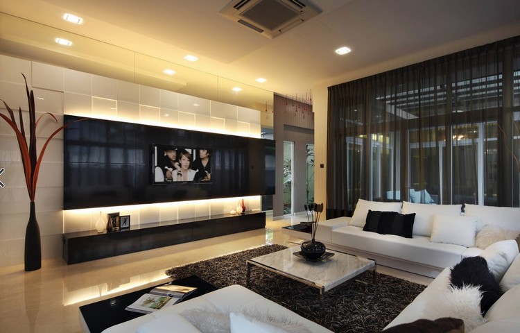 Vardagsrumsvägg med LED -belysning vardagsrum svartvitt vägg -tv