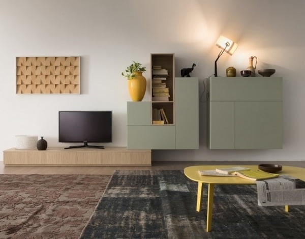 Vardagsrum-gul-bord-vägg-enhet-med-highboard-väggskåp-TV-möbler-grundlådor
