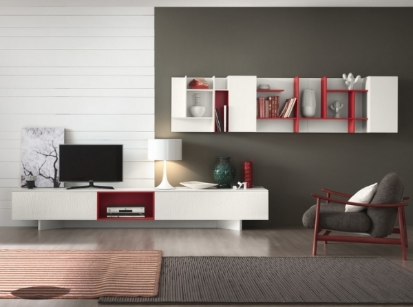 vit-vägg-enhet-med-öppet-fack-DVD-spelare-väggplattor-öppna-hyllor-röd