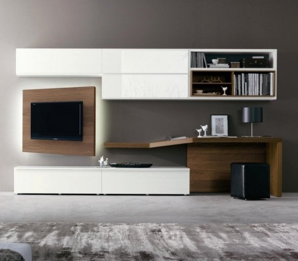 trä-vägg-skåp-blank-vit-vägg-enhet-svängbara-TV-panel-skrivbord