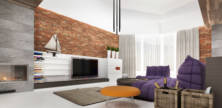 vardagsrum modern lila soffa soffbord orange lowboard tv öppen spis sten