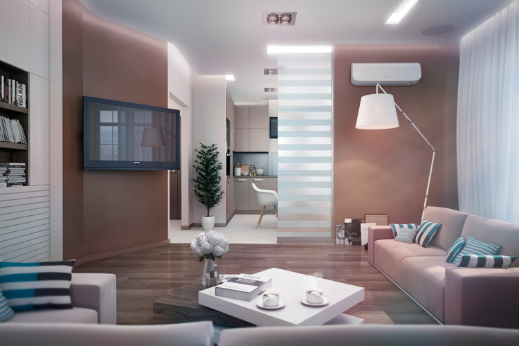 modernt vardagsrum rödbrunt väggsoffa beige vitt soffbord