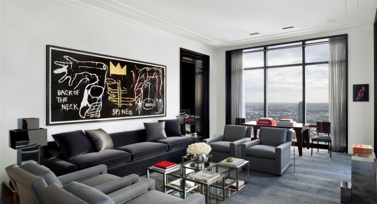 Väggdesign i svart-vitt-vardagsrum-loft-lägenhet-bild soffa-grått