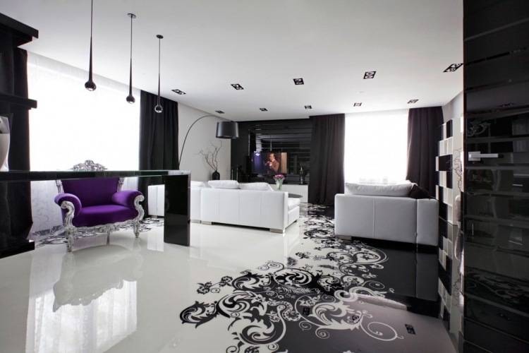 Väggdesign i svart och vitt-vardagsrum-högglans-extravaganta golvmönster-soffor