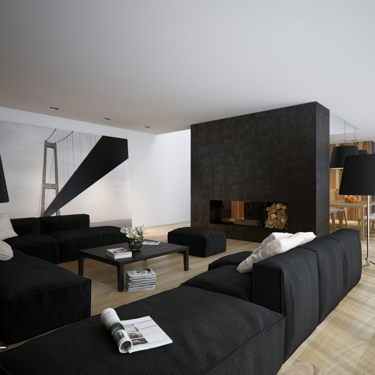 väggdesign-svart-vitt-vardagsrum-bro-realistiskt-modulärt-soffa-trägolv
