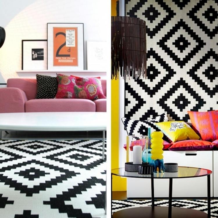 väggdesign-svart-vitt-mönster-sicksack-diamant-soffa-rosa-kuddar