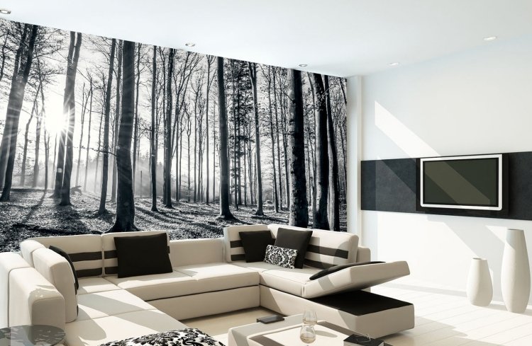 väggdesign-svart-vit-fototapet-soffa-beige-kudde-tv