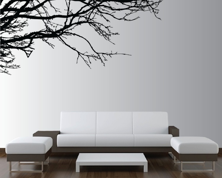 väggdesign-svart-vitt-vardagsrum-realistiskt-träd-kvist-soffa-modernt