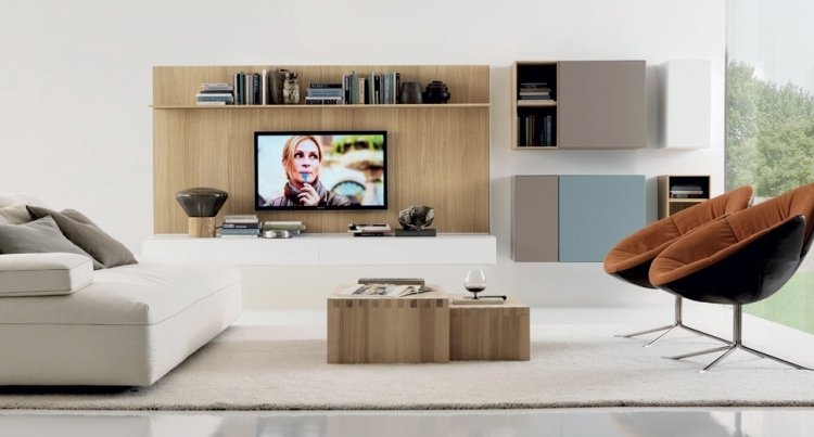 Moderna vardagsrumsmöbler idéer-levande vägg-matt-vit-trä ton
