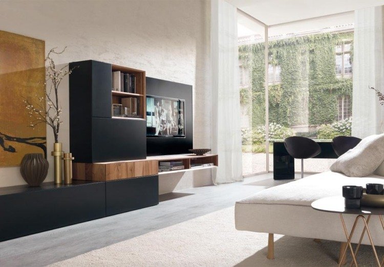 Moderna vardagsrumsmöbler idéer-levande vägg-svart-matt-trä-E45