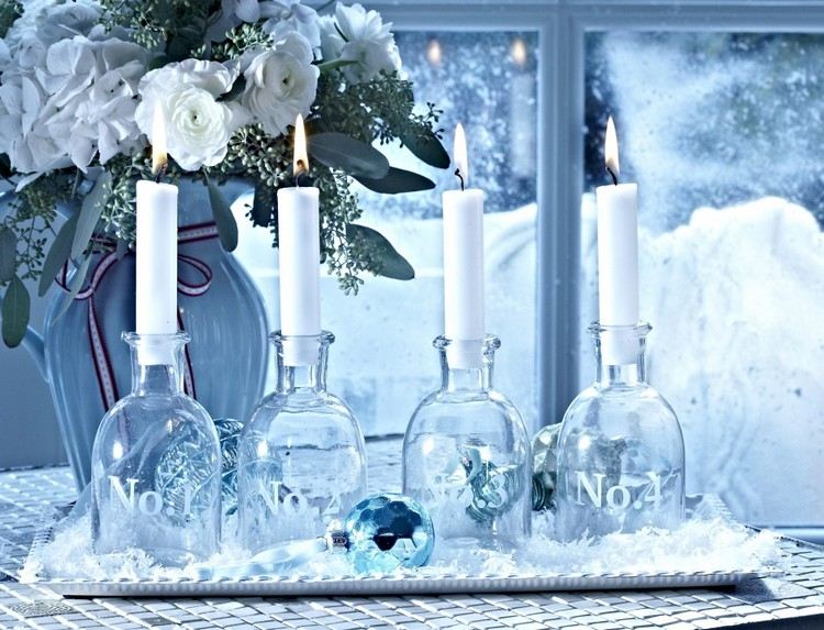 Modern adventskrans själv-tinker-glas-flaskor-numrerade-vinterfärger-vit-blå-grå