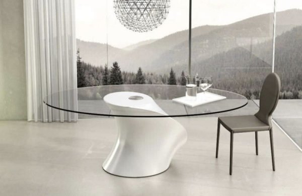 Modernt runt bord glas futuristisk design tango undersidan harts glasfiber blank vit