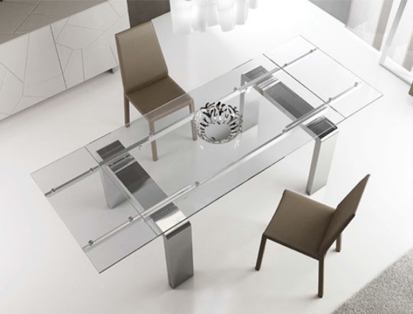 Förlängningsbord, Mitoglas, spegeleffektstål, rektangulära konturer
