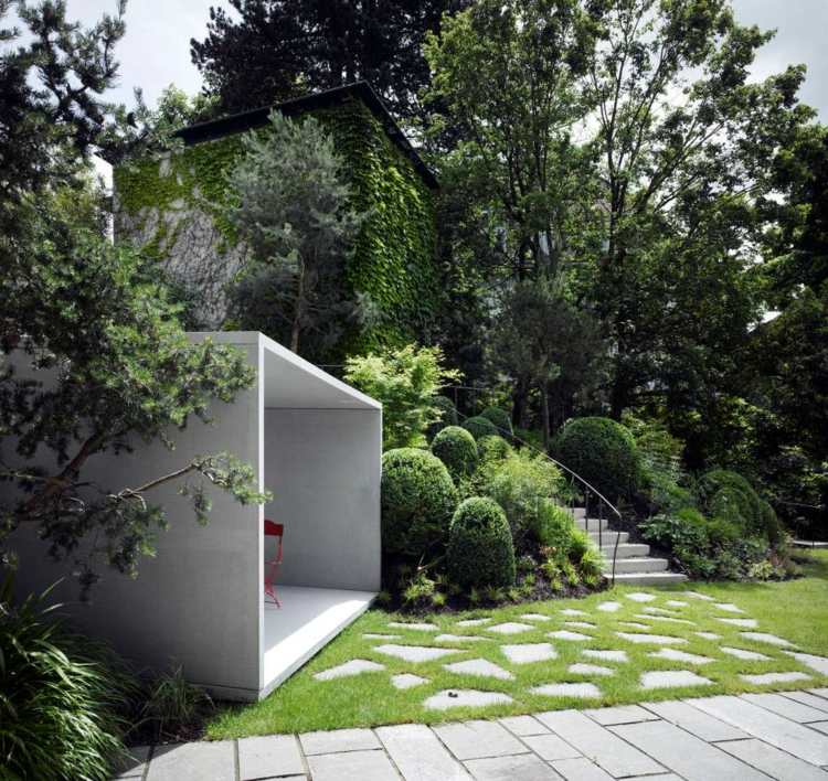 modern trädgård buske häck trädgård väg paviljong minimalistisk design