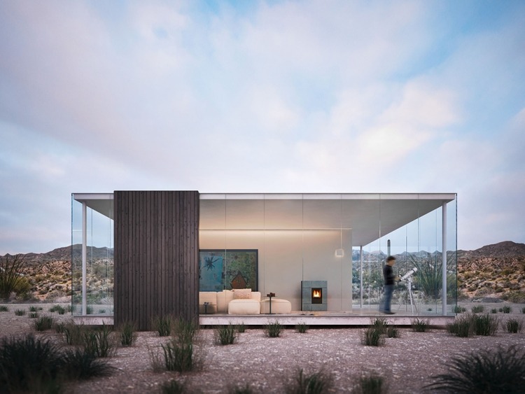 Eldstad-modern-hus-arkitektur-minimalistisk-öken-fönster vägg-modell-eldstad-ström