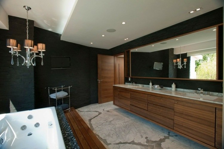 badrum-trä-attraktiv-minimalistisk-tvätt-skåp-svart-vägg-design-ljuskrona