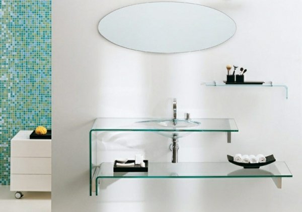 blå mosaik kakel oval badrum spegel design