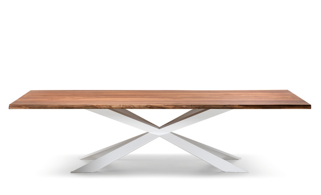 modernt matbord design spyder bord stål fot massiv valnöt trä