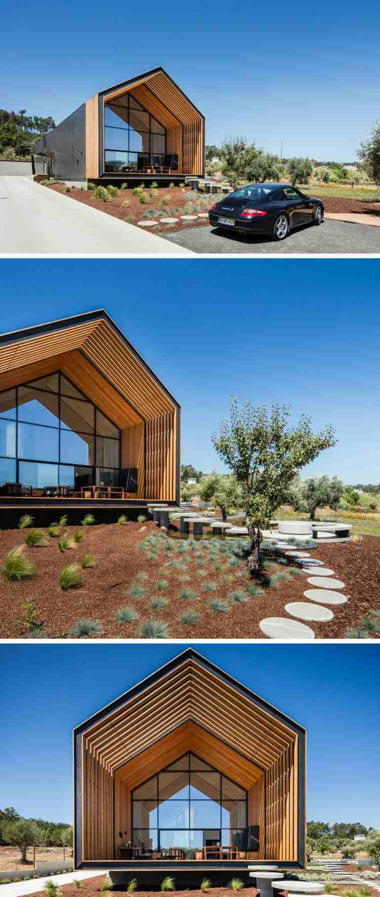 form hus svart betong trä veranda trä trädgård