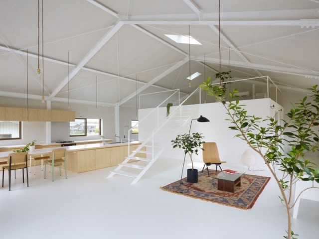 Modernt hus i Japan öppet planlösning vitt trä kök