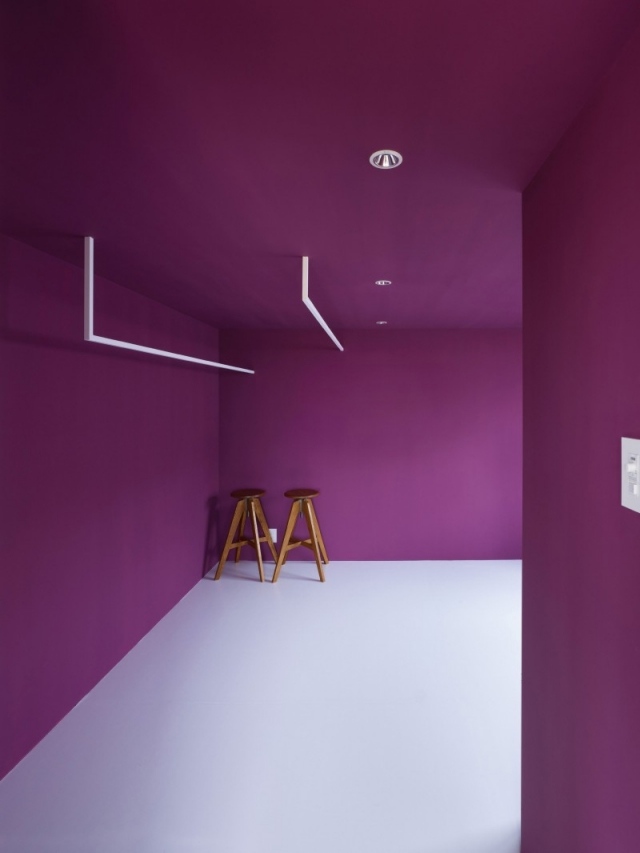 Modernt hus i Japan lila vägg minimalistisk öppen planlösning