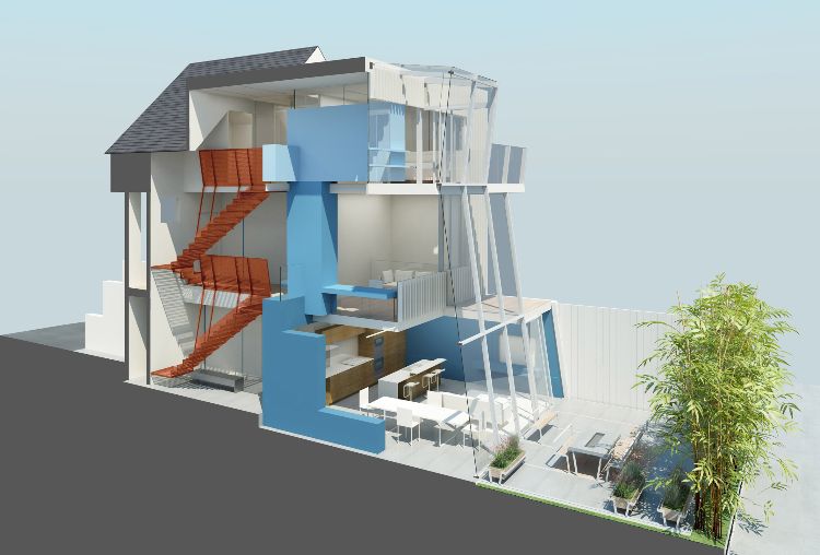 hus med glasfront tre våningar ny byggnad planlösning 3d bild arkitektonisk projektplan