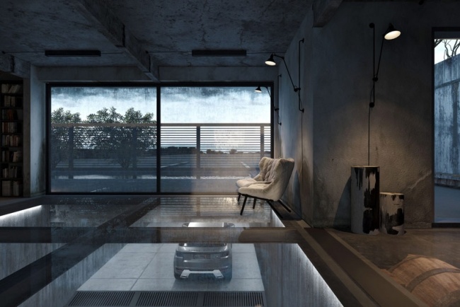 modernt hus visualisering glas golv garage visa