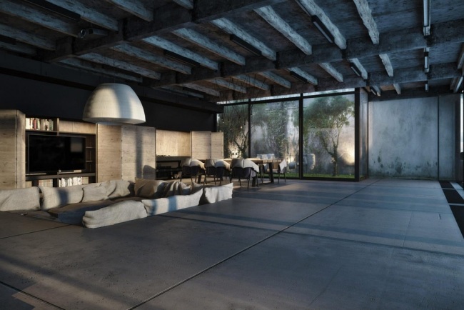 modernt hus exponerade betongplattor vardagsrum innergård