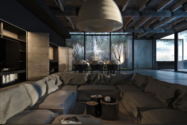 modernt betonghus glas vardagsrum grå möbler