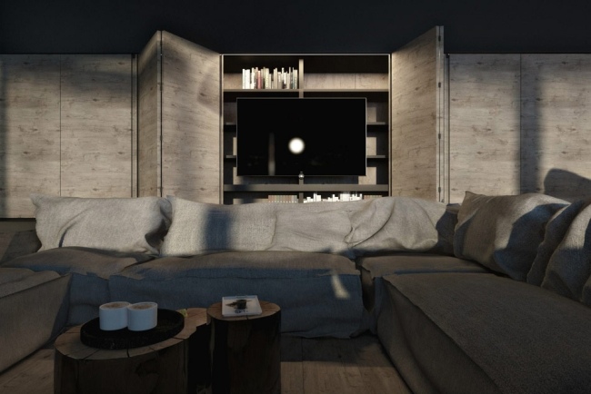 hus visualisering exponerad betong trä vardagsrum skåp tv
