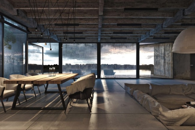 modernt hus exponerat betong matplats hängande lampor havsutsikt