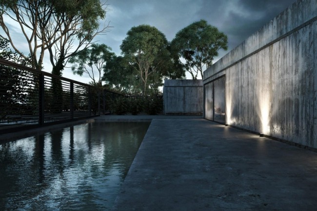 modernt hus exponerad betong utomhuspool svart havsutsikt