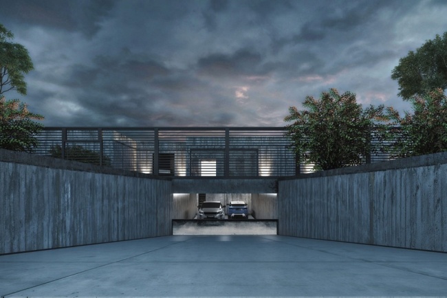modernt hus visualisering exponerat betonggarage två bilar