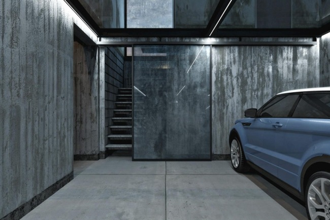 modernt hus exponerat betongglas generös användning