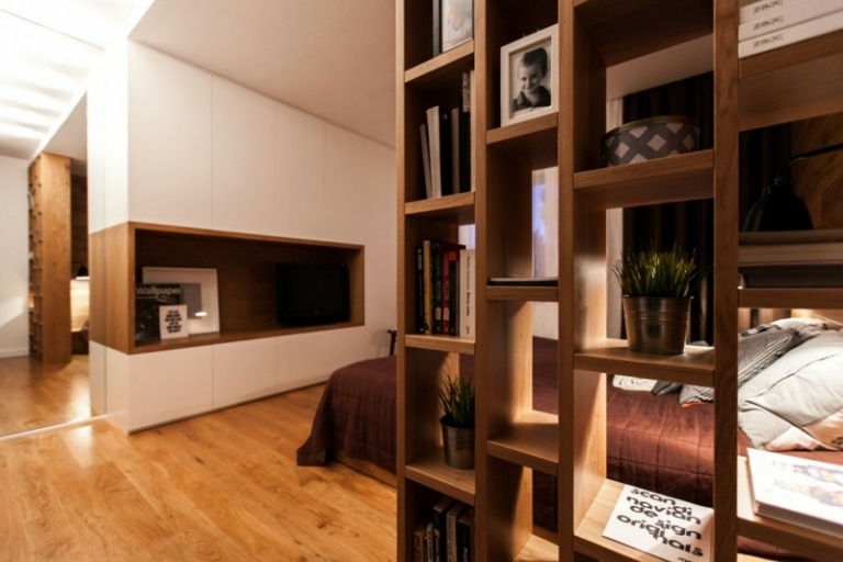 interiör vitt trä modernt sovrum säng tv idé