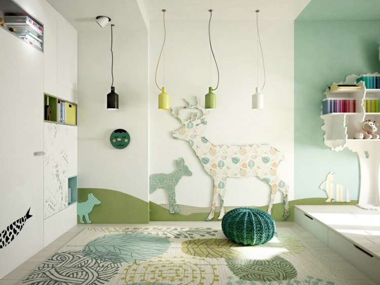 grön färg nyans modernt barnrum inredning hängande lampor design hylla