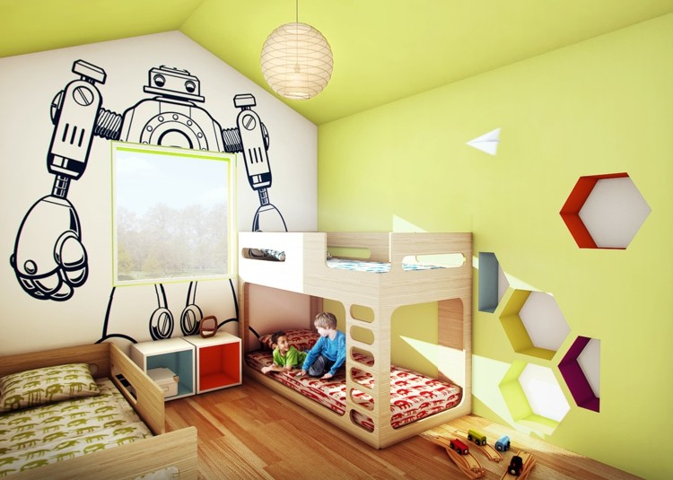 modernt barnrum gul-vägg-sluttande tak-färgglada-hyllor-hexagon-loft säng