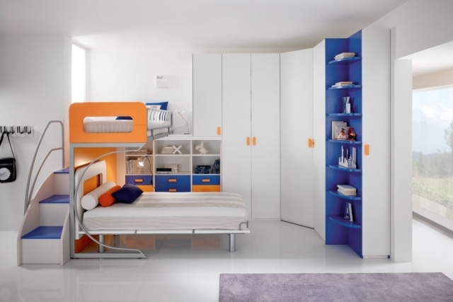 barnrum-uppsättning-pojke-platsbesparande-möbler-vit-orange-blå