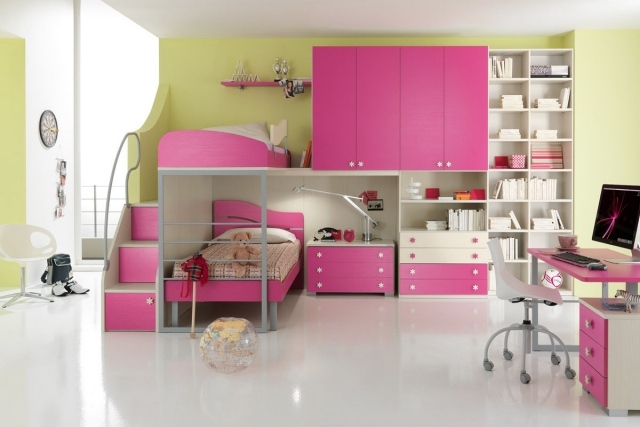 moderna-barnrum-möbler-flickor-våningssängar-pastell-grön-väggfärg